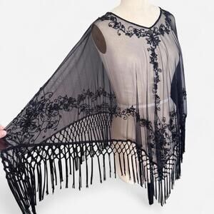 Vintage Beaded Fringe Poncho, One Size Fairy
